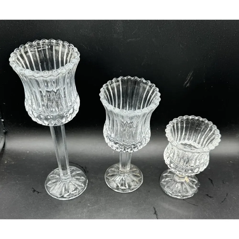 3 Beautiful Home Interiors Candle Holders Matching Clear Cut Glass EUC -A99
